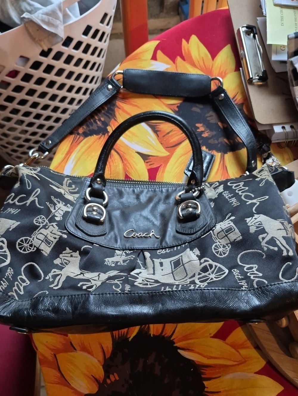 Coach Black and Cream Signature Satchel with Script & Carriage Print